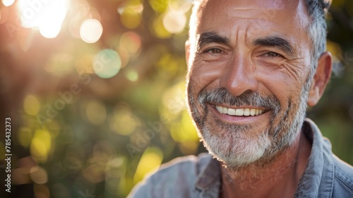 Joyful Senior Man Smiling in Sunlit Garden