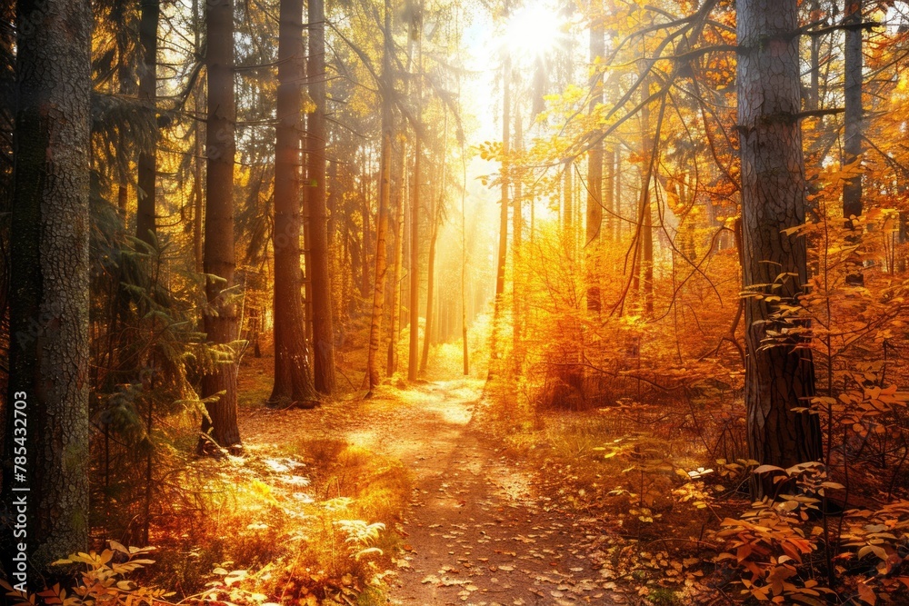 Fall Forest Scene - Natural Beauty of Autumn Woods with Sunlight