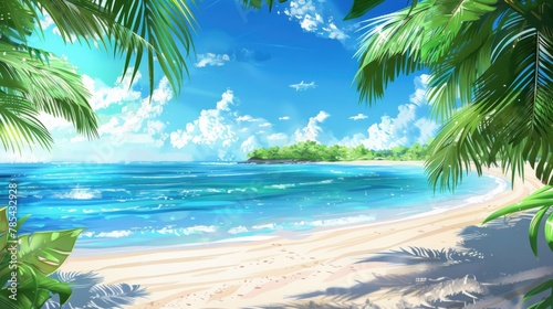 Island Beach. Tropical Sandy Shore with Palm Leaves and Sea on Background