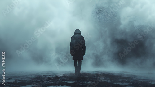 Symbolizing Mental Health Struggles: Perfectly Symmetrical Photo Of A Lonely Figure Emerging From The Mist,
 photo