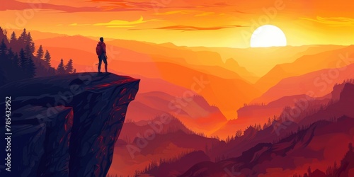 Nature Hiking. Man Standing on Top of Mountain Cliff at Sunset