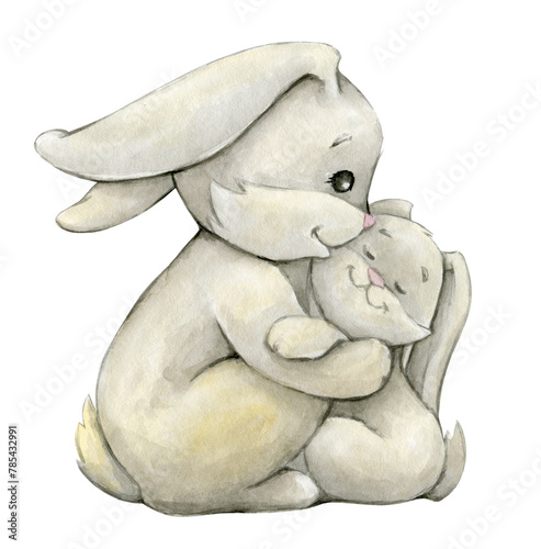 bunnies mom and baby watercolor clipart