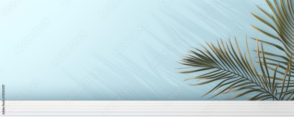Sky Blue background with palm leaf shadow and white wooden table for product display, summer concept