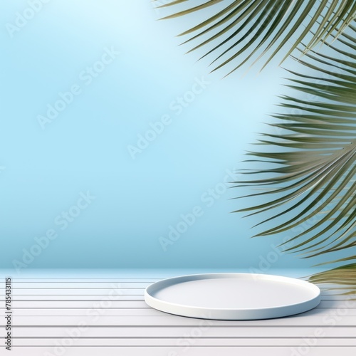 Sky Blue background with palm leaf shadow and white wooden table for product display  summer concept