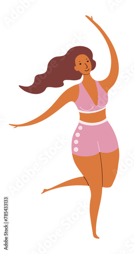 Young woman in swimsuit dancing cute cartoon character illustration. Hand drawn flat style design, isolated vector. Summer holidays, vacations, outdoors, beach activity, pool party, seasonal element