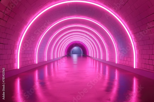 An empty underground pink room like tunnel with bare walls and lighting metro