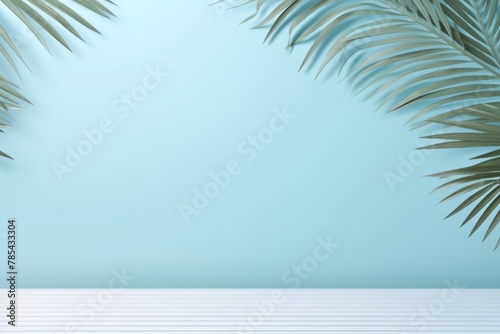 Sky Blue background with palm leaf shadow and white wooden table for product display, summer concept