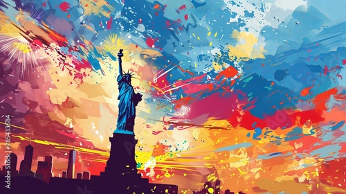 Dynamic Composition: Create a dynamic composition by combining elements such as the Statue of Liberty, the USA flag, sunrise colors, and fireworks in a single image. Generative AI photo