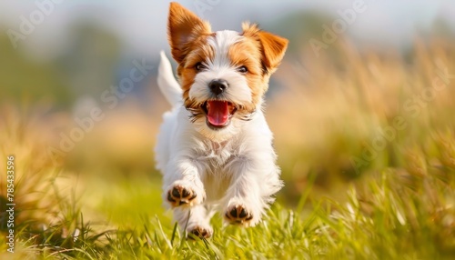 Energetic young dog happily playing and running in the vibrant green grass field