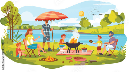 Family outdoors picnic on river shoreline countryside