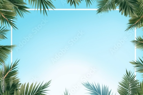 Sky Blue frame background  tropical leaves and plants around the sky blue rectangle in the middle of the photo with space for text