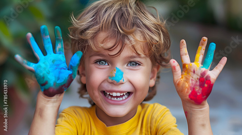beautiful happy boy with painted hands  generative ai
