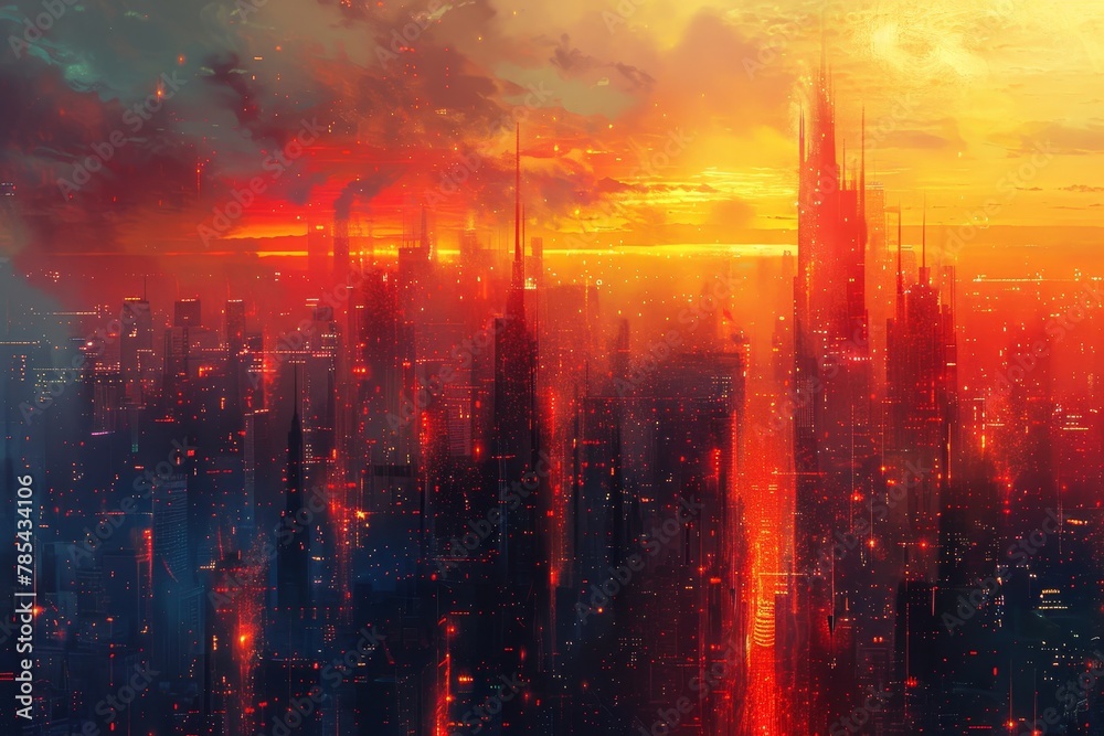 Fototapeta premium Surreal Abstract Cityscape with Melting Buildings Under Twilight Lighting, Evoking a Dystopian Mood and Unique Stylization.