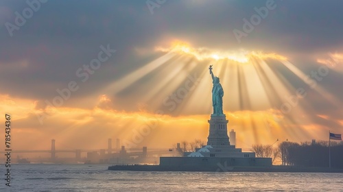 Morning Light: Photograph the Statue of Liberty basking in the soft morning light, with gentle rays of sunlight illuminating the landmark and the flag in the background. Generative AI © Hokmiran