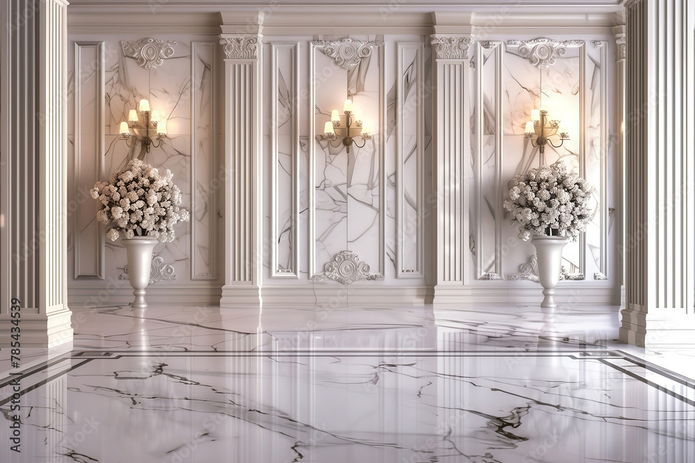 Fototapeta premium A large luxury room background with beautiful walls and a marble floor