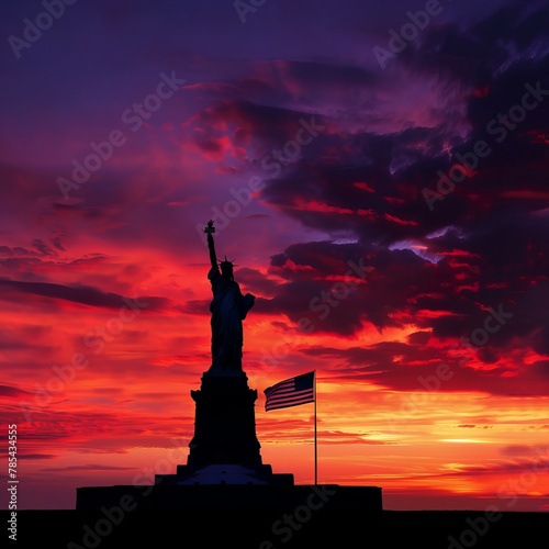 Silhouette at Sunset: Capture the silhouette of the Statue of Liberty against a vibrant sunset sky, with hues of red, orange, and purple. Generative AI © Hokmiran