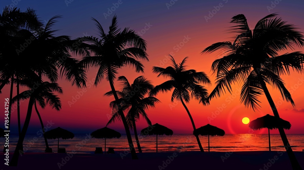 Sunset Silhouette: Capture the silhouette of palm trees or beach umbrellas against a stunning sunset sky, with warm colors blending in the horizon, creating a peaceful scene. Generative AI
