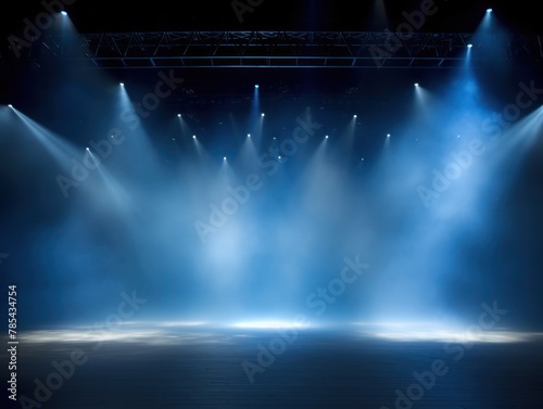 Sky Blue stage background, sky blue spotlight light effects, dark atmosphere, smoke and mist, simple stage background, stage lighting, spotlights