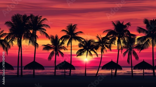 Sunset Silhouette  Capture the silhouette of palm trees or beach umbrellas against a stunning sunset sky  with warm colors blending in the horizon  creating a peaceful scene. Generative AI
