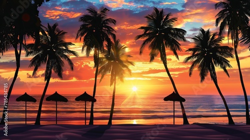 Sunset Silhouette: Capture the silhouette of palm trees or beach umbrellas against a stunning sunset sky, with warm colors blending in the horizon, creating a peaceful scene. Generative AI