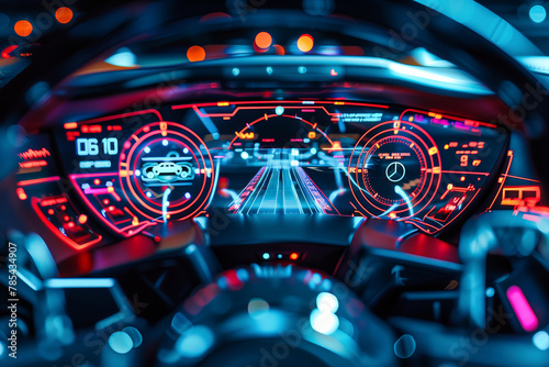 A car dashboard with a neon blue screen displaying the speedometer