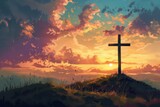 A cross is on a hill in the middle of a field with a beautiful sunset in the bac