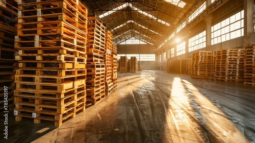Warehouse interior with stacks of wooden pallets illuminated by sunlight filtering through windows