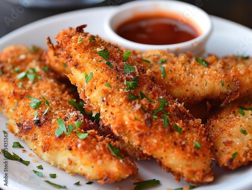 Chicken strips covered in crispy breadcrumbs! They're fried till golden brown! Let's dip them in sauce and enjoy! Crunchy and delicious! 