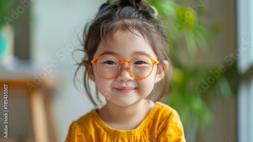 Happy Chinese little girl wearing orange-framed children's glasses with open eyes, wearing yellow clothes. Light background, copyspace.