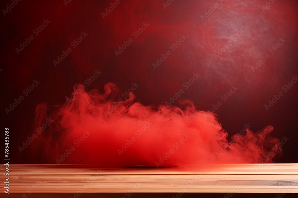 red background with a wooden table and smoke. Space for product presentation, studio shot, photorealistic, high resolution