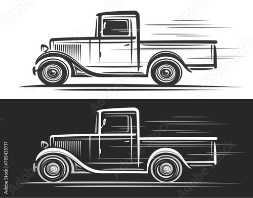 Vector logo for Vintage Truck, horizontal decorative banner with simple contour illustration of monochrome american vintage truck in moving, hand drawn retro pickup truck on black and white background