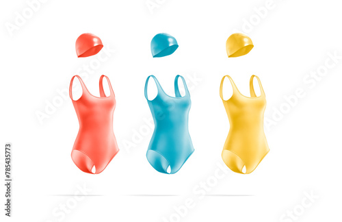 Blank colored one-piece swimsuit with swim cap mockup, side view