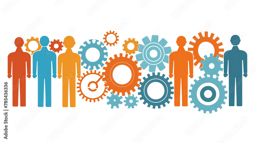 Interconnected gears and people representing business mechanics and teamwork, flat illustration banner Interconnected gears and people representing business mechanics and teamwork, flat illustration banner