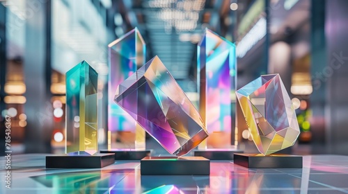 Three colorful glass cubes are displayed on a table