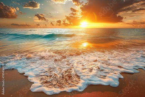 Beach Wave. Stunning Sunrise Over the Sea with Golden Sunlight