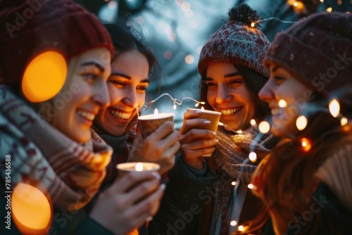 Winter Happiness. Friends Celebrate Christmas with Bengal Lights and Festive Decorations