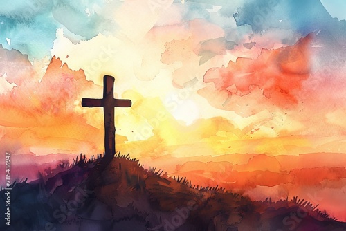 A cross is painted on a hillside with a sunset in the background