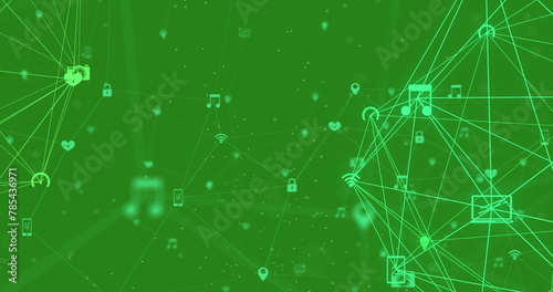 Image of network of connections with icons on green background photo