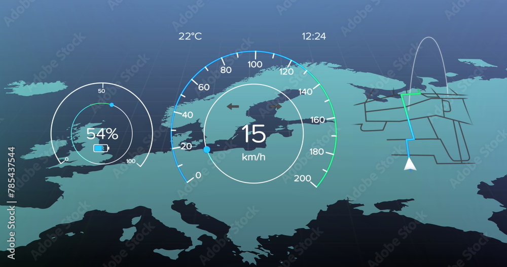 Naklejka premium Image of speedometer and battery level over map of europe