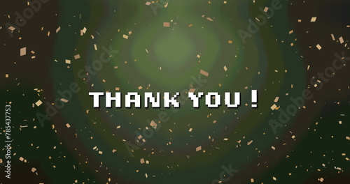 Digital image of confetti falling over thank you text banner against grey background