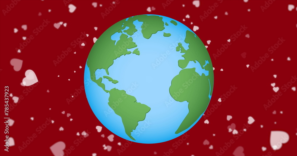 Image of hearts floating over red background with globe Image of hearts floating over red background with globe