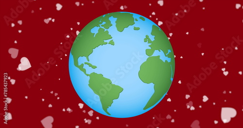 Image of hearts floating over red background with globe