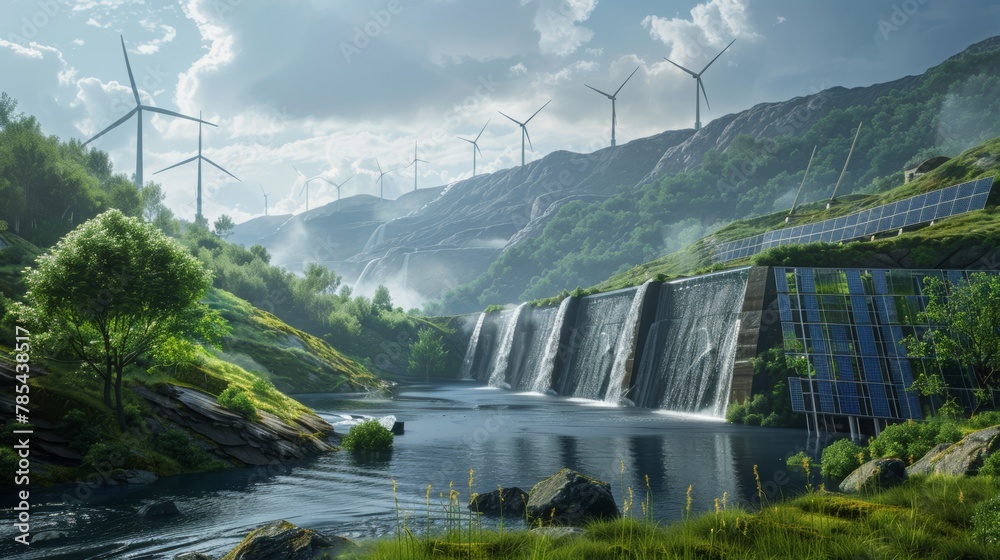 photo of landscape that integrates renewable energy sources, such as solar panels, wind turbines, and hydroelectric dams, into a harmonious and productive scene. 