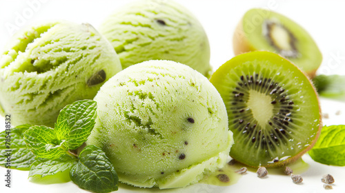 Refreshing Kiwi Ice Cream Sherbet on White Background - Summertime Tropical Dessert with Organic Fruit Slice, Delicious and Healthy Snack Concept © Pasinee