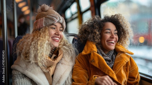 Two cheerful pretty young women are standing in bus and looking at the phone and smiling while waiting for bus to take them to their destination. © Nataliya