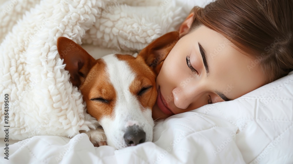 Woman and pet dog peacefully sleeping on white bed at home, creating serene scene