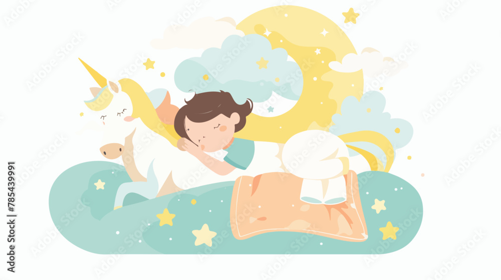 Girl kid sleeping in bed  dreaming about riding unicorn
