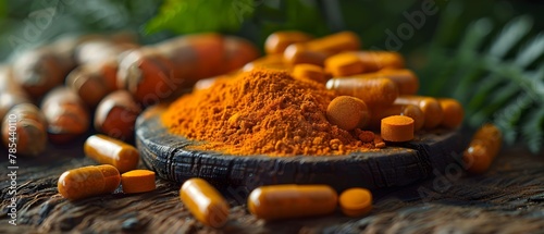 Turmeric and Curcumin Health Supplement Display with Natural Backdrop. Concept Health Benefits, Natural Ingredients, Wellness Display, Herbal Supplement, Product Showcase photo