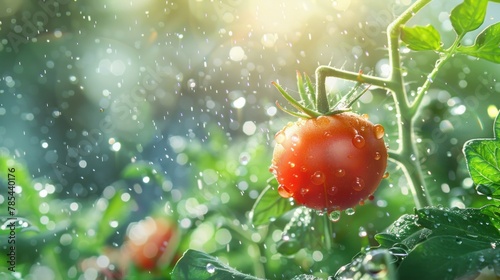 In the spotlight, a plump tomato gleams with water droplets, evoking the sensation of biting into its ripe and succulent flesh. Sensory delight display. 