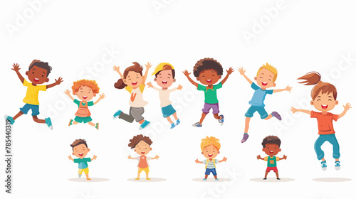 Girls and boys kids running jumping gesturing showing